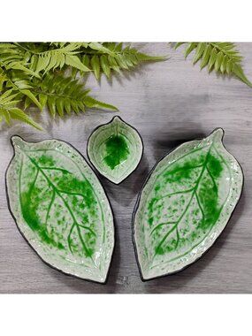 Leaf-Shaped Sushi Plates & Sauce Bowl Set Of 3 Green Crystalline Pottery